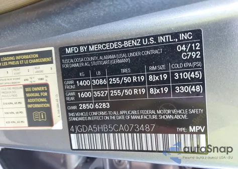 2012 Mercedes-Benz Ml 350 4Matic z USA, uszkodzony, nr VIN 4JGDA5HB5CA073487